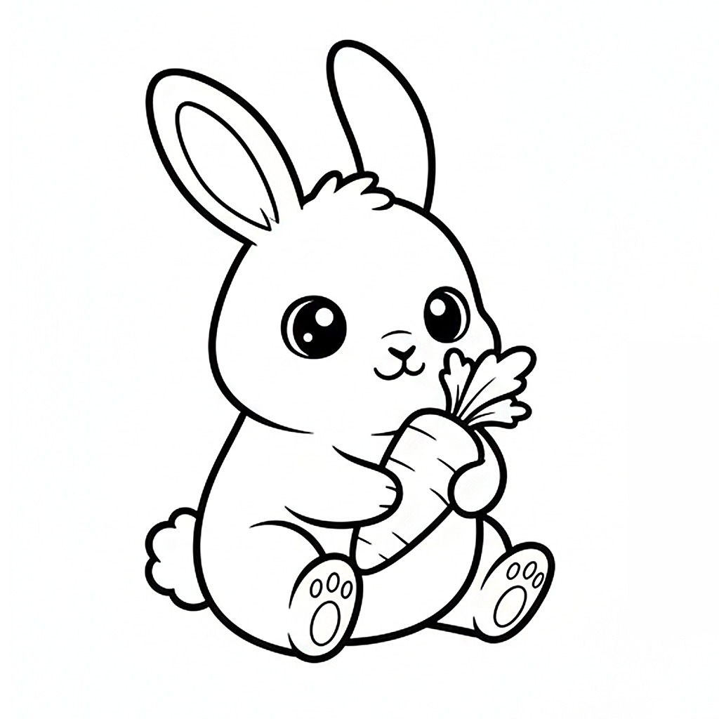 かわいい兎（うさぎ）のぬりえ01、にんじんを持っている、野菜、食べ物、無料、幼児・子供向け、プリント用