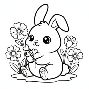 かわいい兎（うさぎ）のぬりえ02、お花に囲まれている、ハート、無料、幼児・子供向け、プリント用
