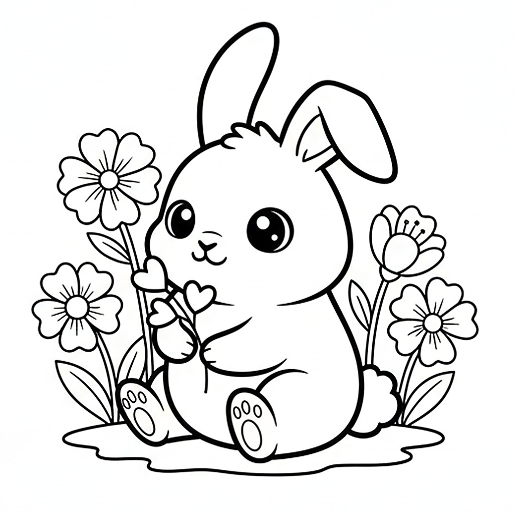 かわいい兎（うさぎ）のぬりえ02、お花に囲まれている、ハート、無料、幼児・子供向け、プリント用