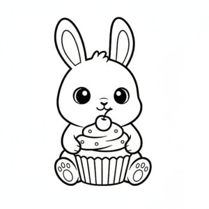 かわいい兎（うさぎ）のぬりえ03、カップケーキを持っている、スイーツ、無料、幼児・子供向け、プリント用