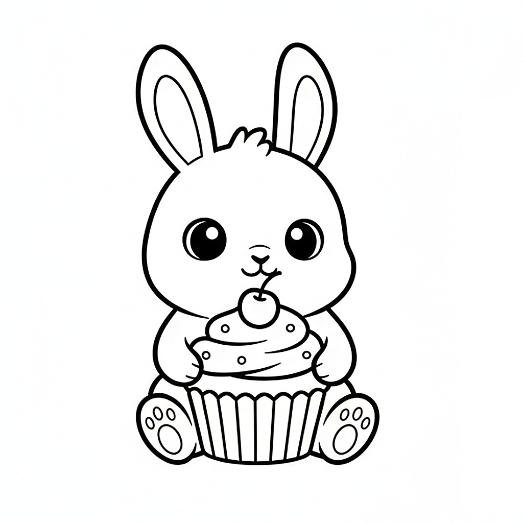 かわいい兎（うさぎ）のぬりえ03、カップケーキを持っている、スイーツ、無料、幼児・子供向け、プリント用