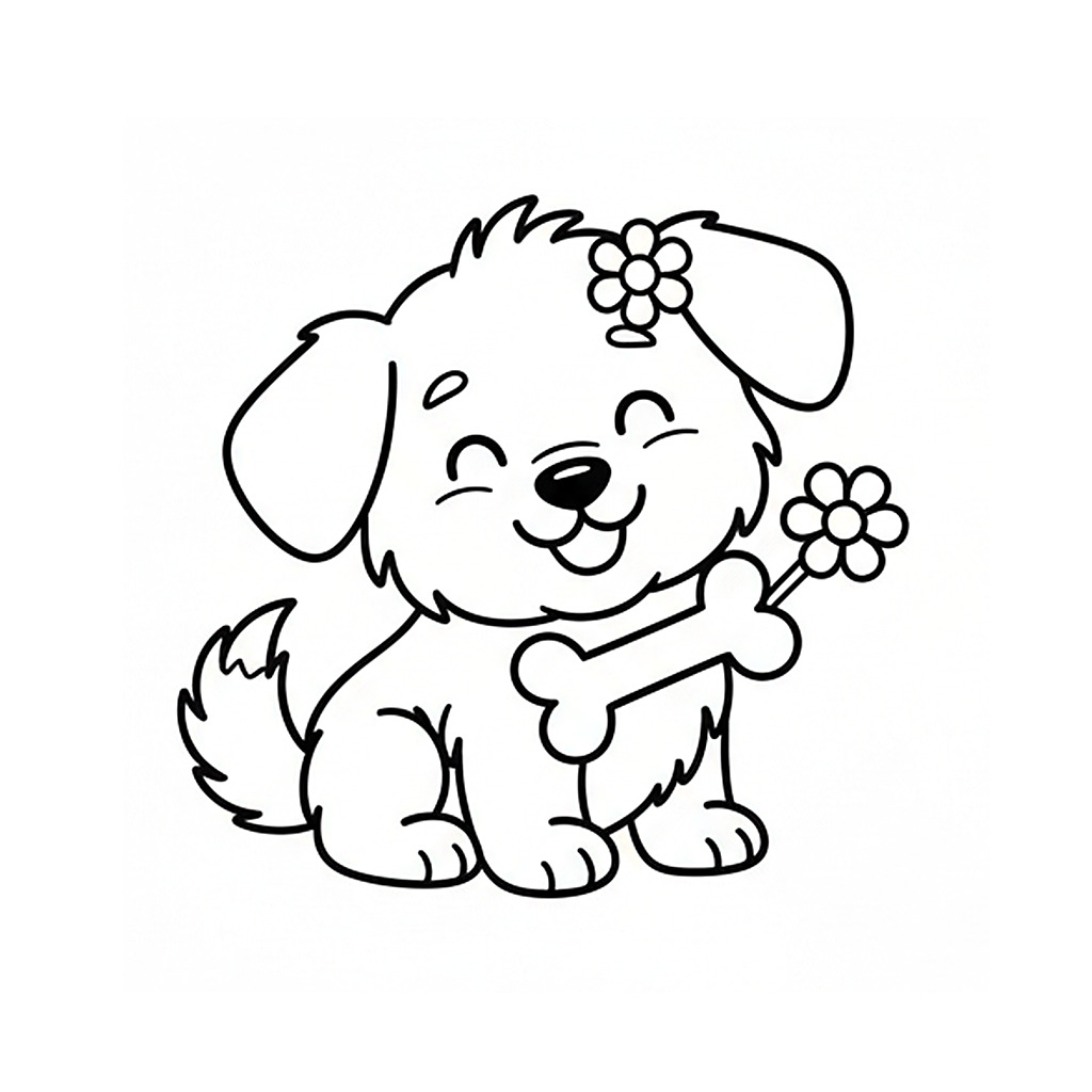 かわいい犬（いぬ）のぬりえ04、骨をくわえている、お花、無料、幼児・子供向け、プリント用
