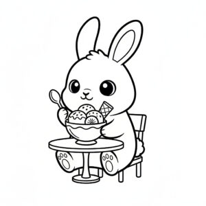 かわいい兎（うさぎ）のぬりえ04、スイーツを食べている、食べ物、おやつ、無料、幼児・子供向け、プリント用
