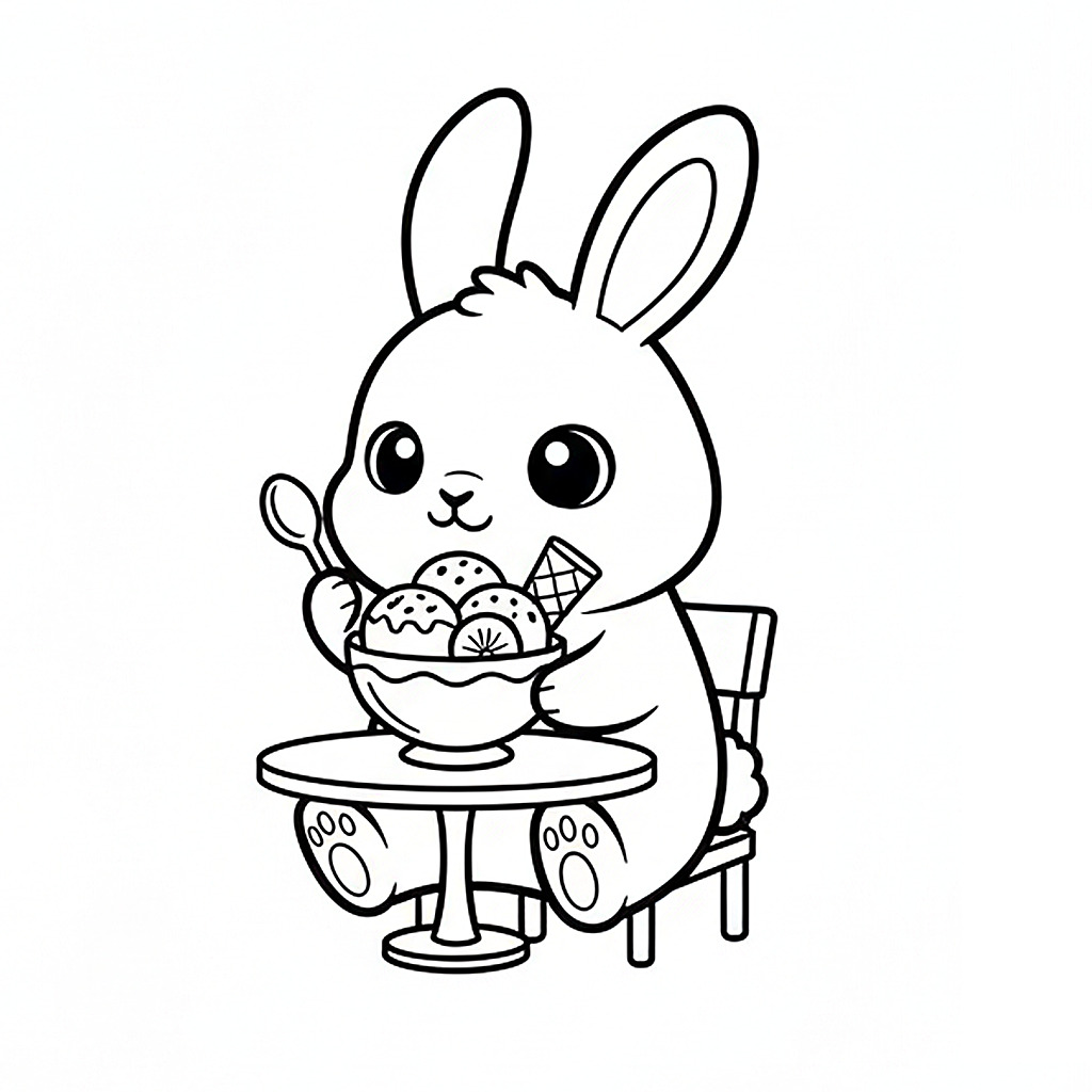 かわいい兎（うさぎ）のぬりえ04、スイーツを食べている、食べ物、おやつ、無料、幼児・子供向け、プリント用
