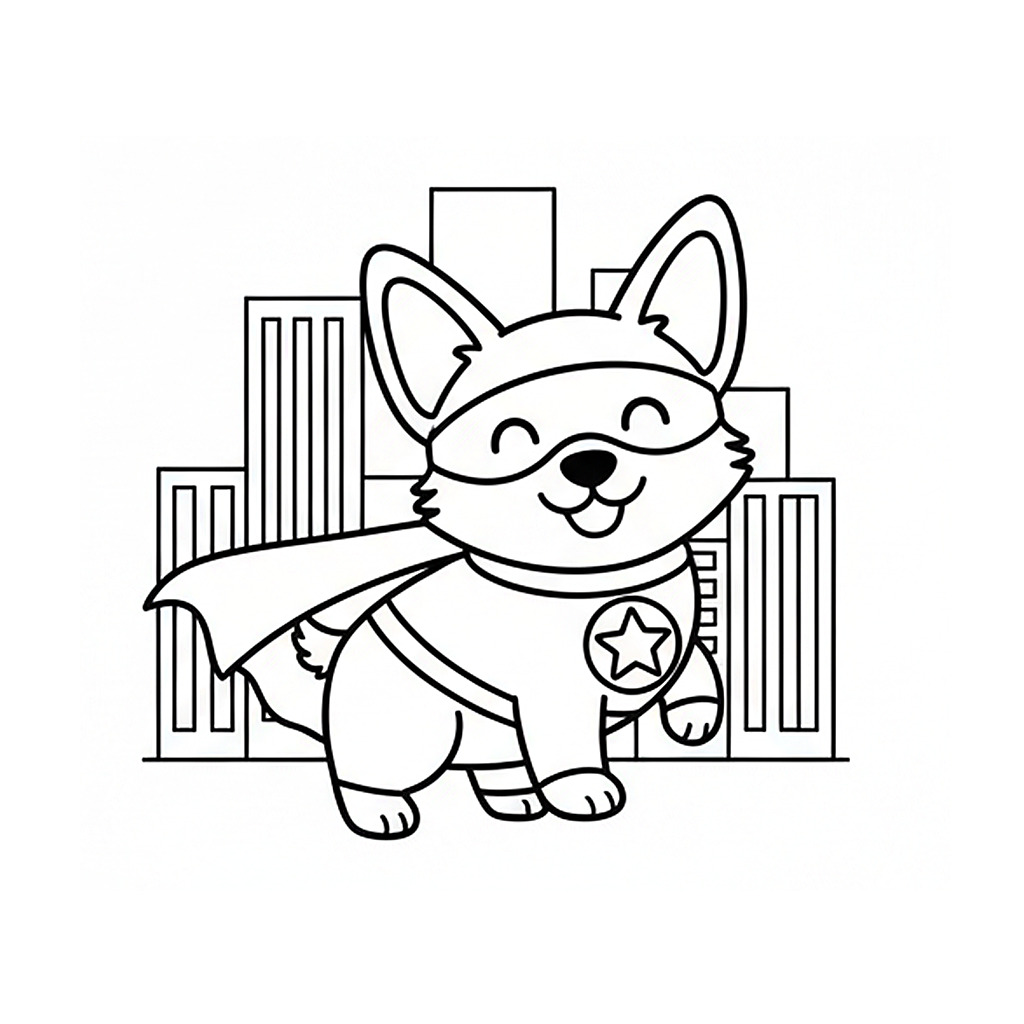 かっこいい犬（いぬ）のぬりえ06、スーパーマン、ヒーロー犬、無料、幼児・子供向け、プリント用
