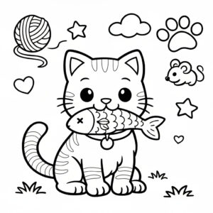 かわいい猫（ねこ）のぬりえ06、魚をくわえている、ねずみ、毛糸、肉球、無料、幼児・子供向け、プリント用