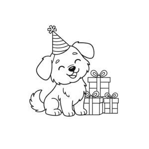 かわいい犬（いぬ）のぬりえ07、誕生日パーティーで喜ぶ犬、プレゼント、無料、幼児・子供向け、プリント用