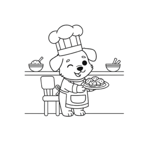 かわいい犬（いぬ）のぬりえ08、料理をしている犬コックさん、クッキング、無料、幼児・子供向け、プリント用
