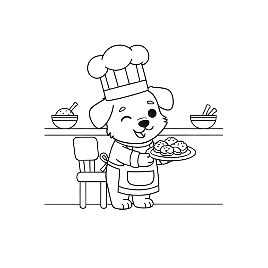 かわいい犬（いぬ）のぬりえ08、料理をしている犬コックさん、クッキング、無料、幼児・子供向け、プリント用