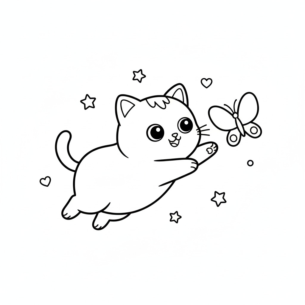 かわいい猫（ねこ）のぬりえ09、蝶々と遊ぶ猫、ハート、星、無料、幼児・子供向け、プリント用