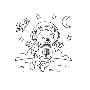 かわいい犬（いぬ）のぬりえ09、宇宙飛行士の犬、ロケット、月と星、無料、幼児・子供向け、プリント用