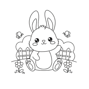 かわいい兎（うさぎ）のぬりえ06、外で遊んでいる、お花と蝶、無料、幼児・子供向け、プリント用