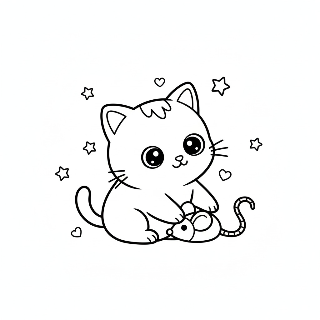 かわいい猫(ねこ)のぬりえ10、ねずみのおもちゃで遊ぶ猫、ハート、星、無料、幼児・子供向け、プリント用