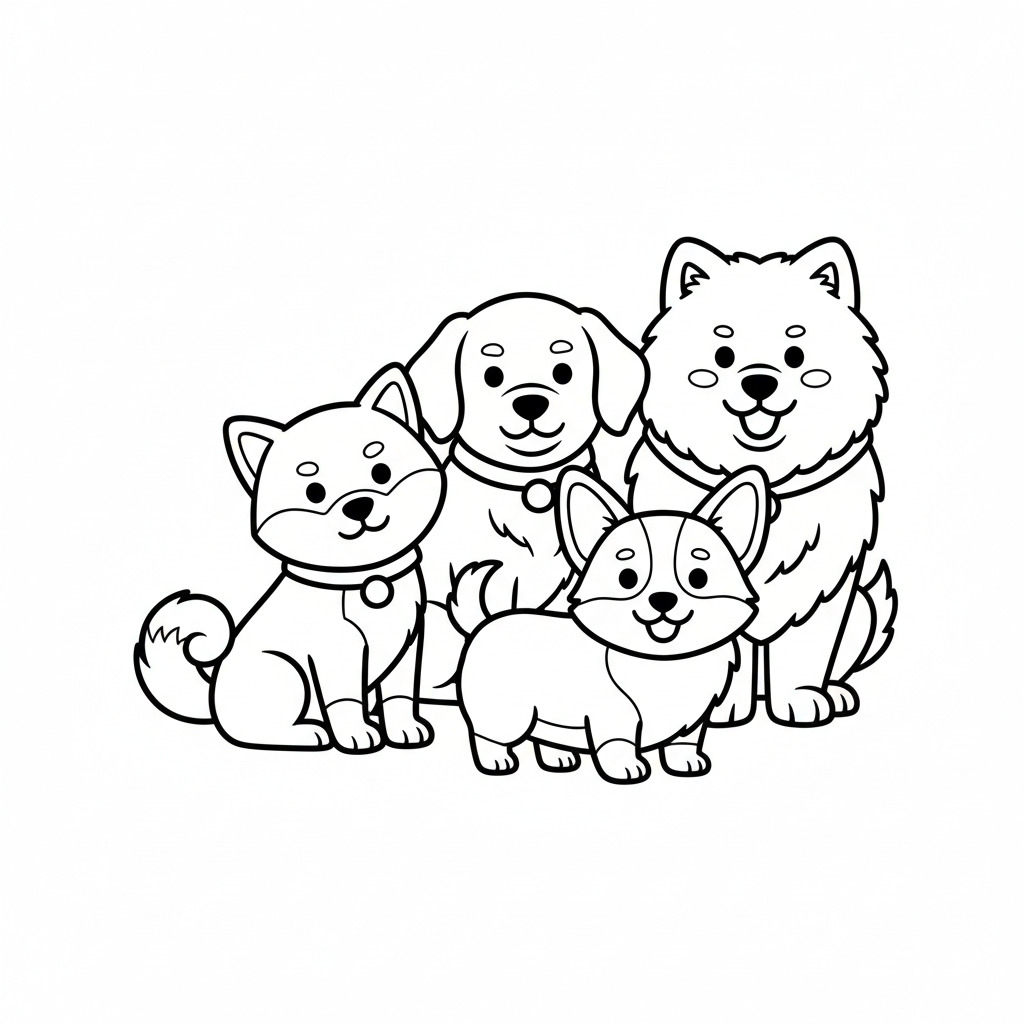 かわいい犬（いぬ）のぬりえ10、柴犬、コーギー、ダックスフンド、色々な犬、無料、幼児・子供向け、プリント用