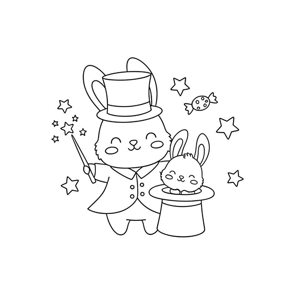 かわいい兎（うさぎ）のぬりえ09、マジックをしているうさぎ、手品、マジシャン、無料、幼児・子供向け、プリント用