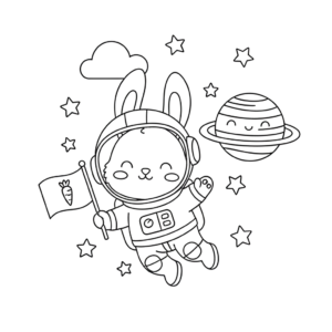 かわいい兎（うさぎ）のぬりえ11、宇宙飛行士のうさぎ、宇宙、星、無料、幼児・子供向け、プリント用