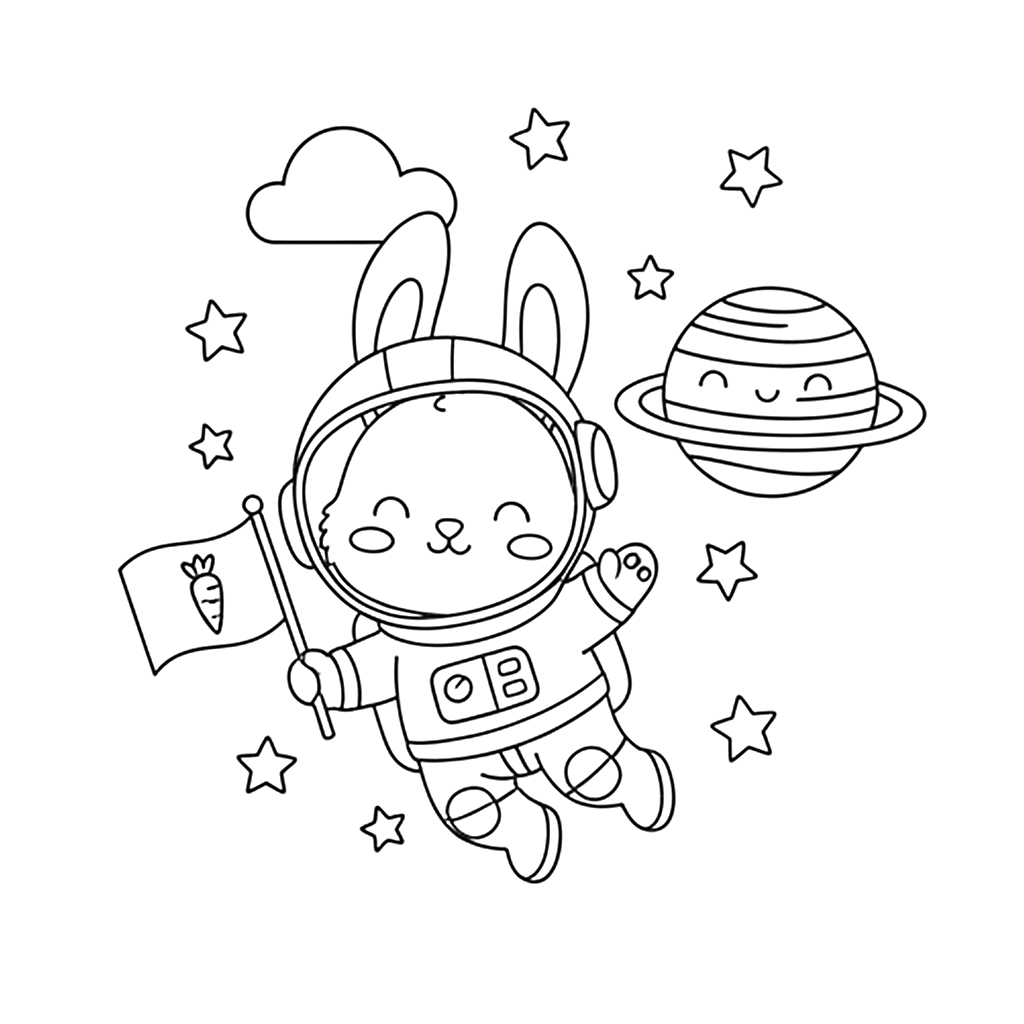 かわいい兎（うさぎ）のぬりえ11、宇宙飛行士のうさぎ、宇宙、星、無料、幼児・子供向け、プリント用