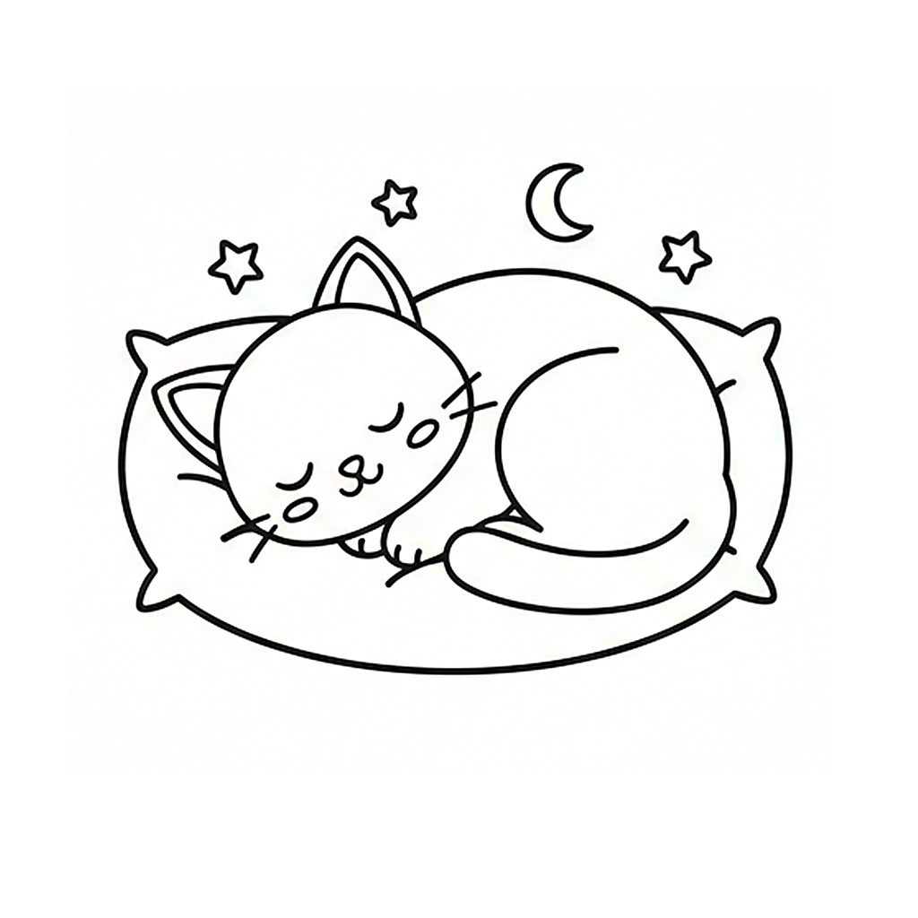 かわいい猫（ねこ）のぬりえ05、枕の上で寝ている、無料、幼児・子供向け、プリント用