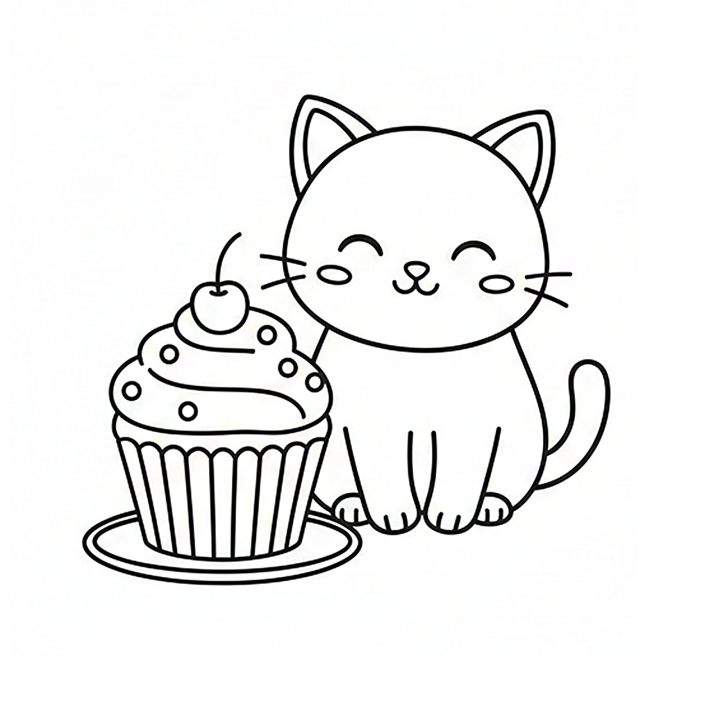 かわいい猫（ねこ）のぬりえ03、カップケーキ、食べ物、無料、幼児・子供向け、プリント用