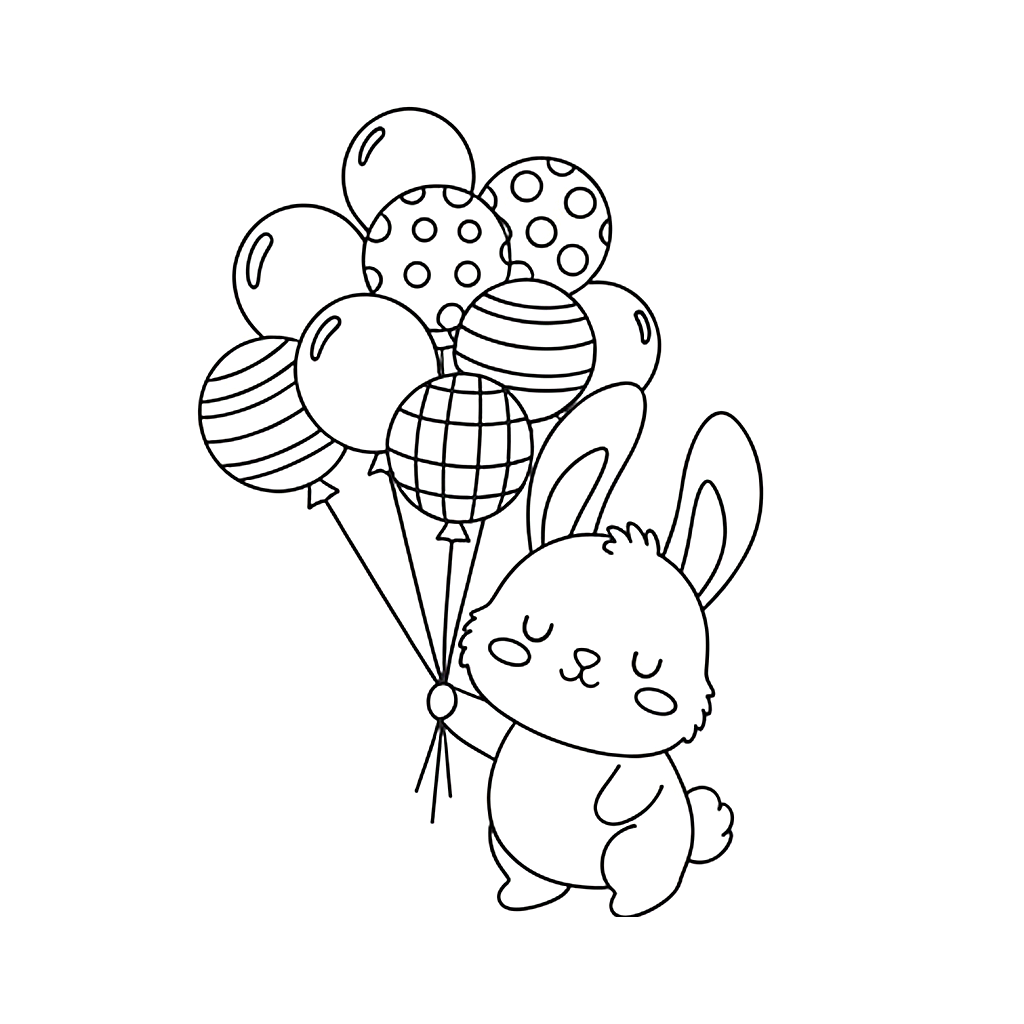 かわいい兎（うさぎ）のぬりえ08、風船を持っている、色々な柄の風船、無料、幼児・子供向け、プリント用