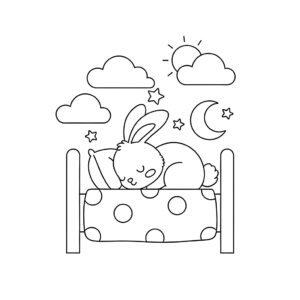 かわいい兎（うさぎ）のぬりえ05、寝ている、月と太陽、星と雲、無料、幼児・子供向け、プリント用