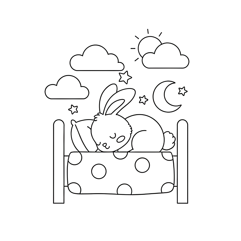 かわいい兎（うさぎ）のぬりえ05、寝ている、月と太陽、星と雲、無料、幼児・子供向け、プリント用