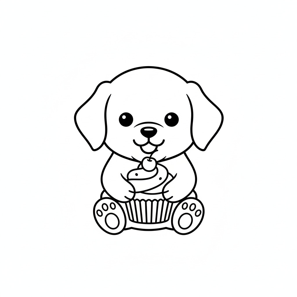 かわいい犬(いぬ)のぬりえ03、カップケーキを持っている、スイーツ、おやつ、食べ物、無料、幼児・子供向け、プリント用