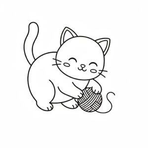 かわいい猫（ねこ）のぬりえ02、毛糸で遊んでいる、無料、幼児・子供向け、プリント用