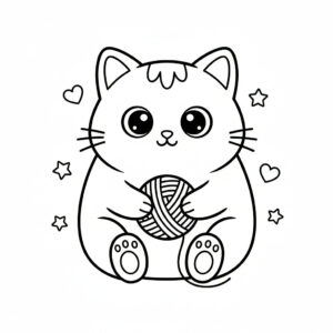 かわいい猫（ねこ）のぬりえ11、毛糸を持った猫、ハート、星、無料、幼児・子供向け、プリント用