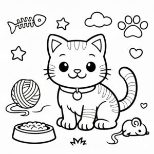 かわいい猫（ねこ）のぬりえ07、魚の骨、ねずみ、毛糸、肉球、無料、幼児・子供向け、プリント用