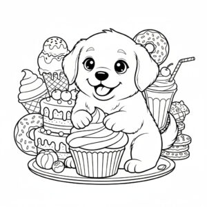 かわいい犬（いぬ）のぬりえ02、スイーツに囲まれている、アイスクリーム、カップケーキ、無料、幼児・子供向け、プリント用