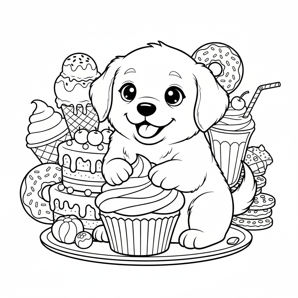 かわいい犬（いぬ）のぬりえ02、スイーツに囲まれている、アイスクリーム、カップケーキ、無料、幼児・子供向け、プリント用