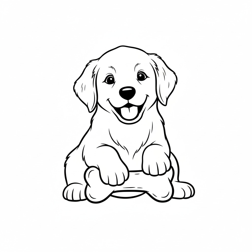 かわいい犬（いぬ）のぬりえ01、骨を持っているゴールデンレトリバー、無料、幼児・子供向け、プリント用