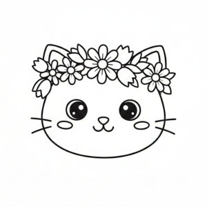 かわいい猫（ねこ）のぬりえ04、お花、冠（かんむり）、食べ物、無料、幼児・子供向け、プリント用