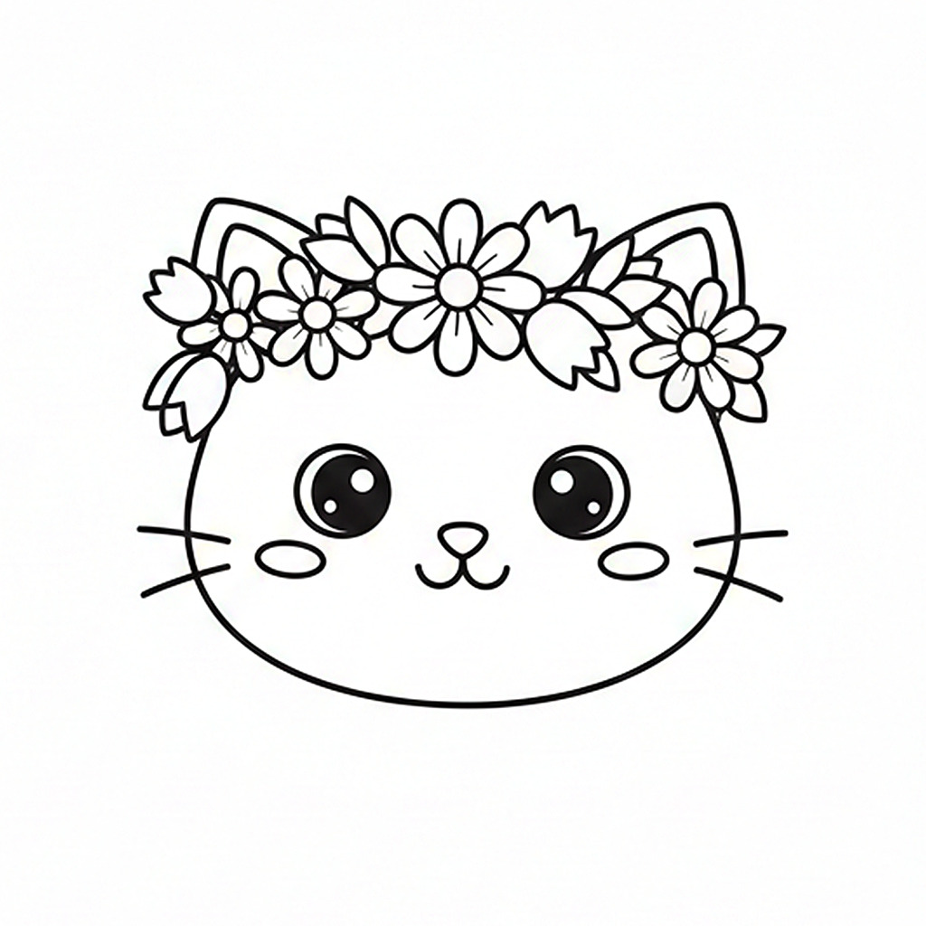 かわいい猫（ねこ）のぬりえ04、お花、冠（かんむり）、食べ物、無料、幼児・子供向け、プリント用